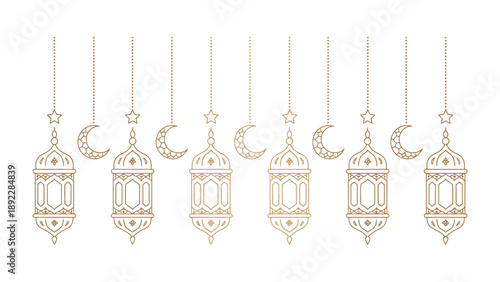 Ramadan Lanterns: Intricate, golden lanterns, stars, and crescent moons hang, symbolizing the holy month of Ramadan, exuding a sense of peace and spirituality.