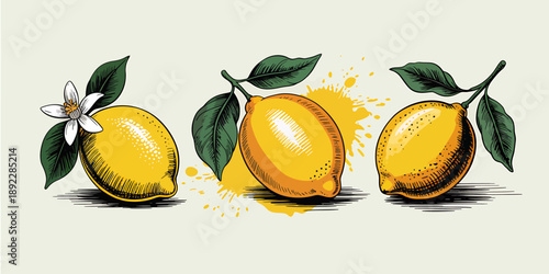 Three lemons with leaves and a flower on a light beige background