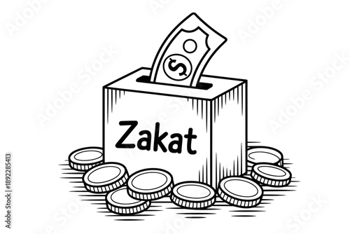 Zakat donation box with coins and money illustration
