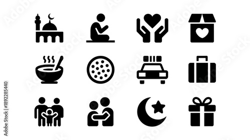 Black silhouette icons of various symbols and objects on white background
