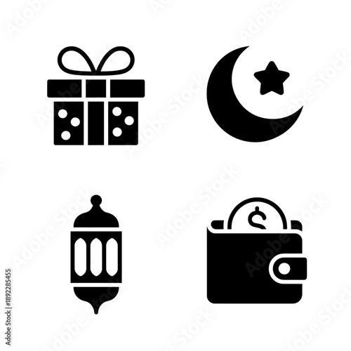 Black icons of gift box crescent moon star lantern wallet on white background