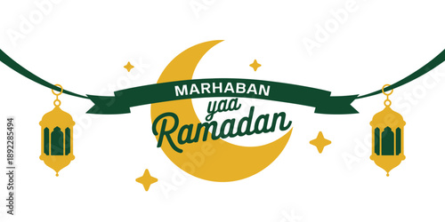 Ramadan greeting card with crescent moon lanterns and banner  Islamic holiday celebration