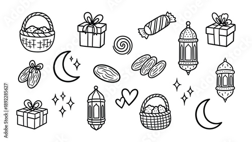 Ramadan Elements Illustration: A collection of meticulously crafted, elegant line art illustrations, each evoking the essence of Ramadan.