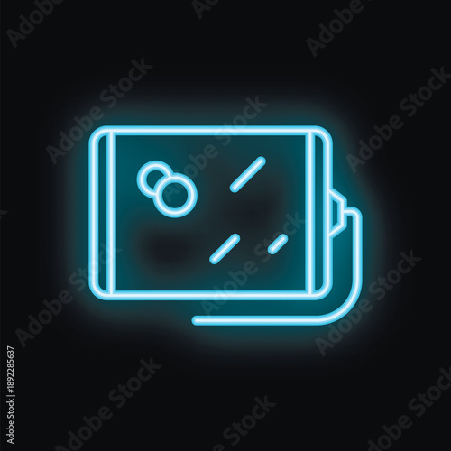 Bright blue neon icon of an ultrasound machine is glowing on a black background