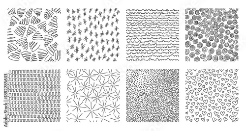 Pencil drawn crosshatch pattern collection with scribble techniques set. Textured line work creates shading depth. Ideal for hand-sketched background and artistic pencil illustration.