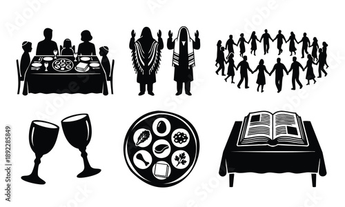 Passover family Seder and symbols silhouette set bundle