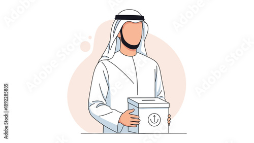 Voting in Culture: A Middle Eastern man, representing cultural tradition, casts his ballot into a ballot box, signifying democratic participation and civic engagement.