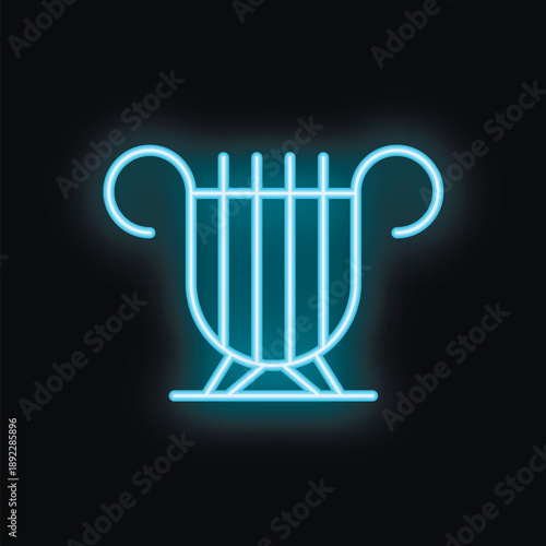Blue neon icon of a lyre shining in the dark
