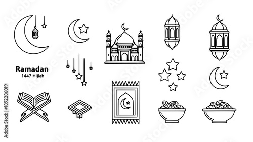 Complete Ramadan icon collection including mosque, Quran, lanterns, crescent moon, prayer mat, and Islamic symbols. Ideal for educational, web, and print designs.