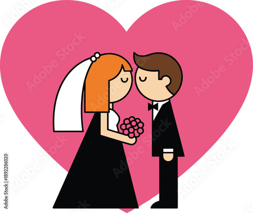 Cute cartoon wedding couple kissing in front of pink heart bride groom love romance flat vector illustration design concept valentines