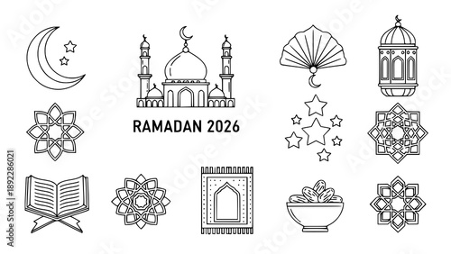 Elegant line icon set featuring mosque, crescent moon, lanterns, Quran, and Islamic ornaments for Ramadan 2026 themed designs and religious celebrations.