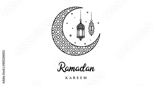 Elegant Ramadan Kareem illustration featuring decorative crescent moon and hanging lanterns. Suitable for greeting cards, social media, and festive Islamic designs.