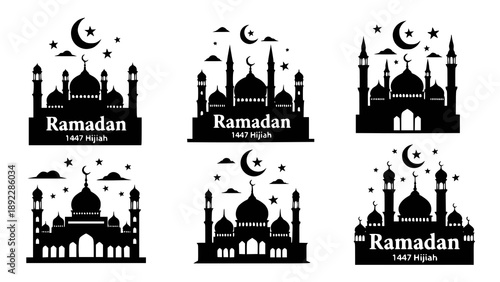 Black silhouette illustration set of mosques with crescent moon and stars, featuring Ramadan Kareem text. Perfect for banners, greeting cards, and Ramadan promotions.