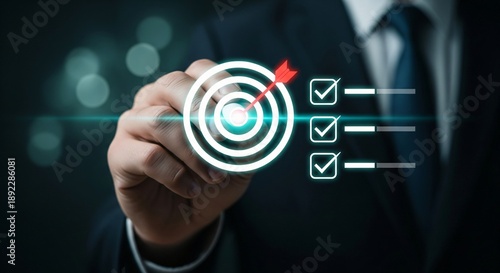 Business strategy success with a hand pointing to a target with an arrow hitting the bullseye and a checklist indicating completion, symbolizing achievement and goal attainment in corporate planning