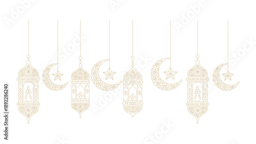 Elegant Lanterns of Celebration: Delicate lanterns, adorned with crescent moons and stars, hang gracefully, embodying the spirit of cultural celebration and the beauty of tradition. 