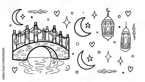 Eid Mubarak: A serene illustration of a bridge adorned with lanterns and crescent moons, evoking the essence of Ramadan.