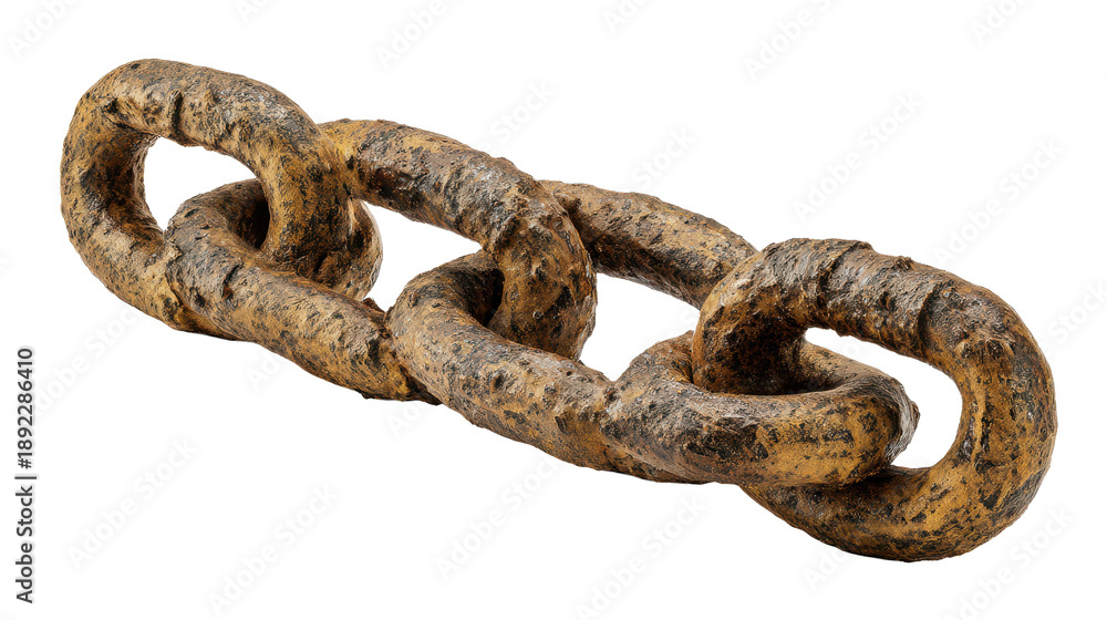 Fototapeta premium A thick heavy duty chain segment with large interlinked metal loops, golden brown corrosion, gritty textured surfaces, and deep shadows between links, isolated on transparent background