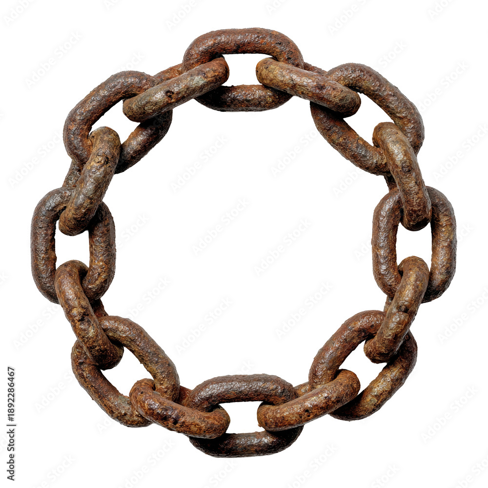 Fototapeta premium Rusted metal chain loop with heavy interlinked links, brown corrosion, worn pitted texture, and a loose circular arrangement with soft shadow, isolated on transparent background.