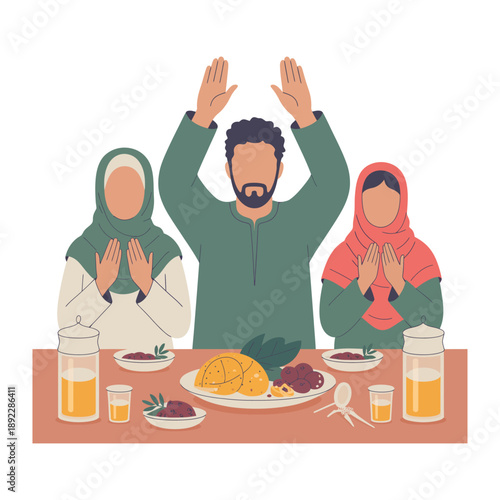 Blessing over Dinner: A family gathers around a table laden with food, hands raised in a gesture of prayer and gratitude, embodying a moment of spiritual communion.