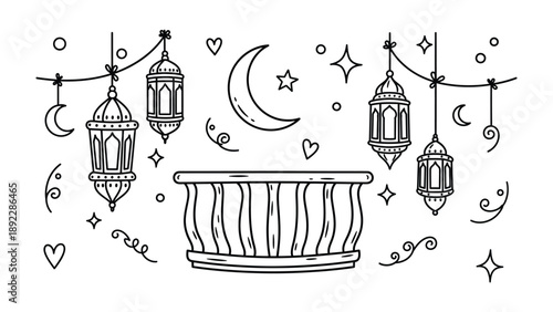 Islamic Lantern and Ornament: An artistic illustration showcasing ornate lanterns and decorative elements suspended, accompanied by a crescent moon and stars, forming a symbolic scene.