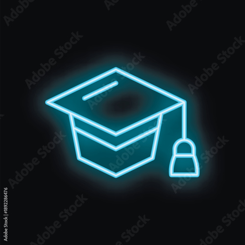 Blue neon graduation hat glowing on black background representing concept of online education
