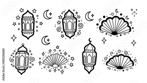 Ramadan Illustration: This image embodies the spirit of Ramadan through intricate illustrations, featuring traditional lanterns, crescent moons, and stars in a graceful design. 