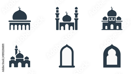 Islamic Architectural Icons: A collection of six meticulously crafted icons, each representing a unique facet of Islamic architecture and design, showcasing the elegance of mosques.