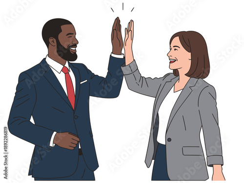 Two professionals celebrate success with a high-five. A dynamic image of achievement and teamwork, showcasing diversity and positive collaboration.