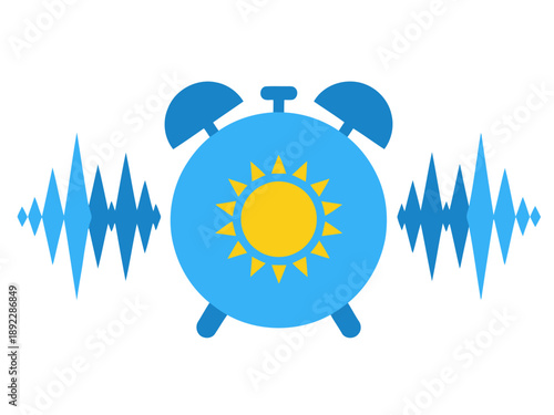 A vibrant alarm clock icon with a sun and sound waves, symbolizing a wake-up call. Clean, modern design for commercial use.