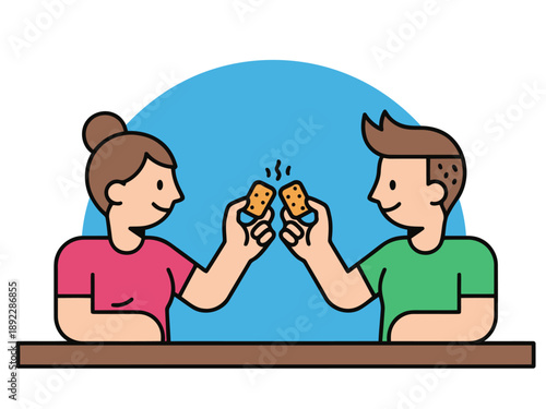 Two people celebrate with toast! A cheerful scene featuring a woman and man sharing a simple toast, conveying friendship and celebration. Clean, modern illustration.
