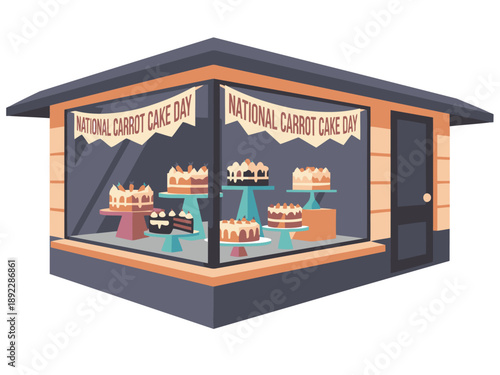 A vibrant bakery window showcases delicious carrot cakes. Bright colors and appealing displays create a tempting visual. Perfect for food, bakery, or celebration themes.