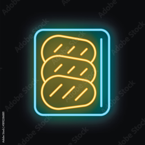 Glowing neon icon of three raw chicken breasts in a styrofoam tray, isolated on a black background