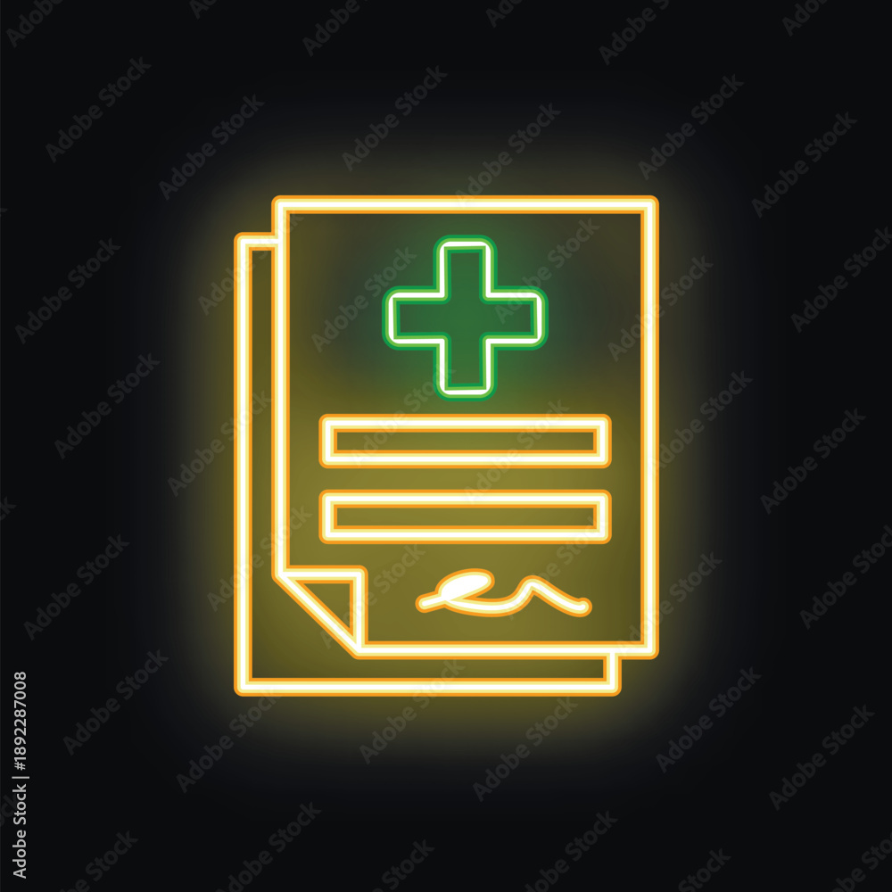 Obraz premium Neon medical prescription form with green cross and yellow signature glowing on black background