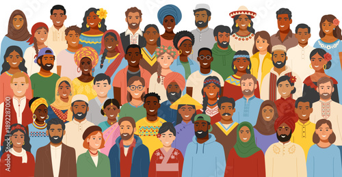 Set of a diverse group of people from different cultures wearing traditional clothing. Concept of equality, cultural diversity, friendship, inclusion. Vector flat background.