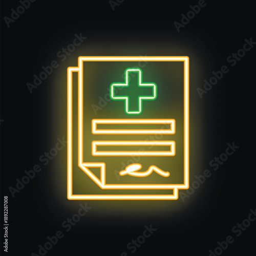 Neon medical prescription form with green cross and yellow signature glowing on black background