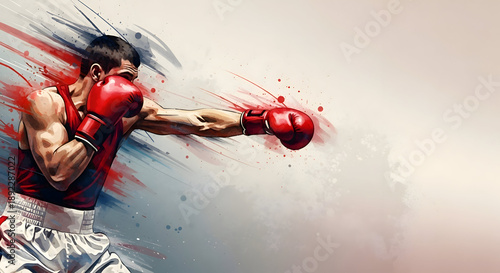 Boxer in action throwing a powerful punch with red gloves and dynamic motion blur on a gradient background