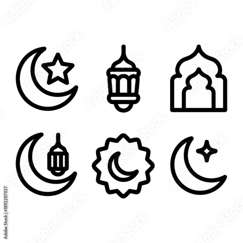 Islamic Symbol Set: An array of detailed Islamic icons showcases the crescent moon, stars, lanterns, and mosques, ideal for design concepts related to cultural celebrations and themes.