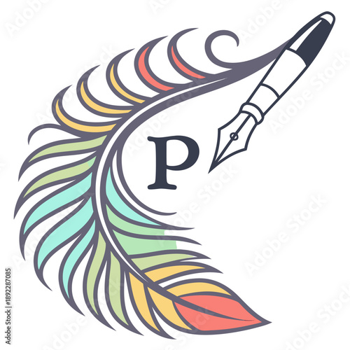 "Colorful Feather and Fountain Pen Emblem for Creative Writing and Literary Branding"