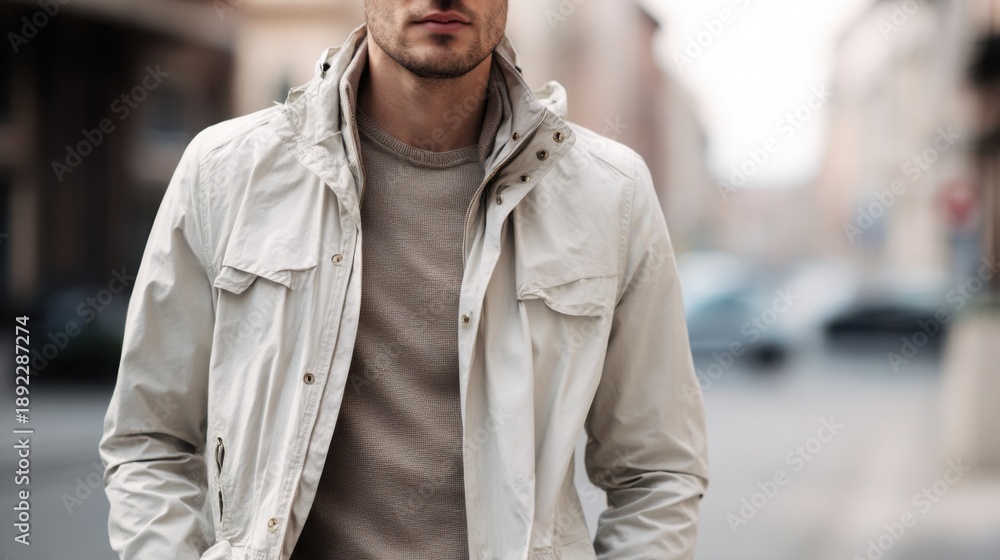 Naklejka premium Man wearing light spring jacket and neutral shirt, outdoor urban background, natural daylight, clean modern menswear spring fashion look