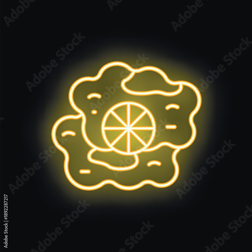 Yellow neon sign depicting a slice of lemon placed on a plate covered in whipped cream, against a black background