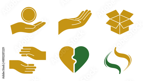 Giving and Caring: A collection of icons symbolizes generosity, support, and connection, a heart, coin and care symbols.
