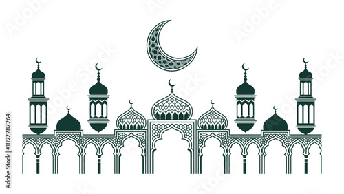 Islamic Mosque: A detailed illustration of a mosque design featuring crescent moon and minarets, symbolizes faith and cultural heritage.