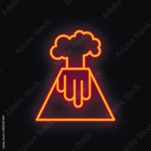 Glowing neon sign depicting a volcano erupting with smoke on a black background