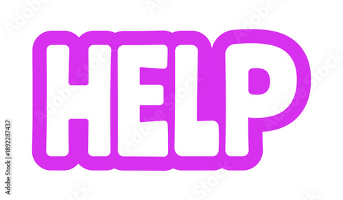 Help bold purple outline cta sticker. Assistance request. Customer support. User guidance. Website faq service. Playful bubble text. Digital word. Magenta phrase. Web design. Ranchers font used