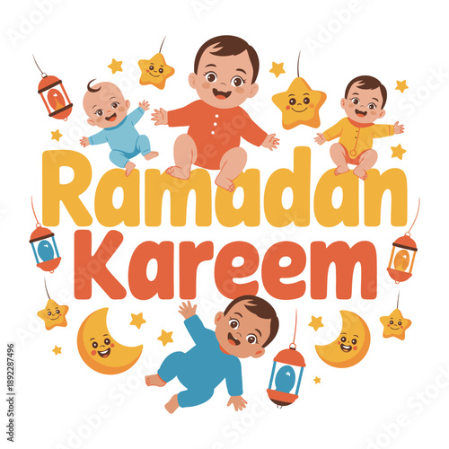 Ramadan Kareem with Babies: A cheerful and festive scene, featuring adorable babies surrounded by Ramadan decorations, representing the joy and blessings of the holy month.