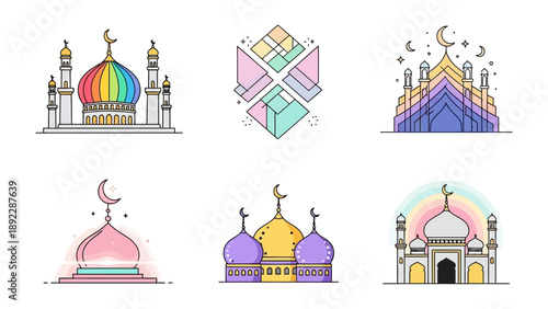 Geometric Mosques: A collection of stylized mosque illustrations, each showcasing unique geometric designs and vibrant colors, symbolizing the rich architectural diversity found in the world of faith.