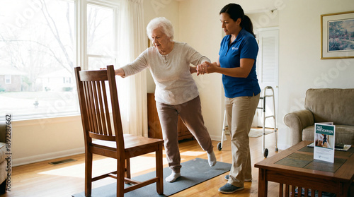 Senior woman practices balance therapy indoors. Home therapy with caregiver support, fall prevention training, safe mobility for world physical therapy day, caregivers day, healthy aging month