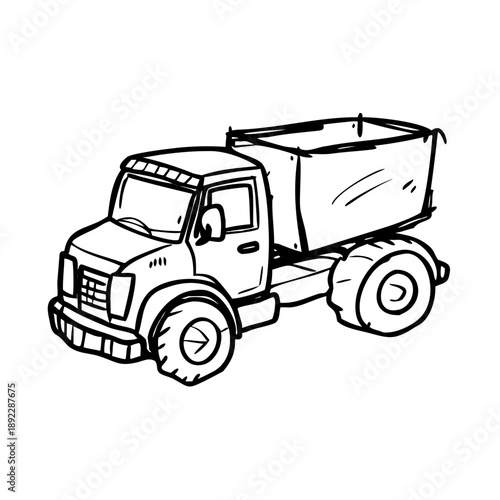 Hand-drawn sketch of a toy dump truck. Rough doodle line art illustration. Vector graphic isolated on a transparent background