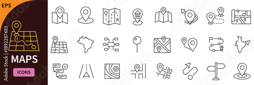 Navigation and Maps Icon Set, 24 Thin Line Icons for GPS Location, Route Planning, World Maps, Cartography, and Travel Direction Symbols