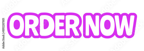 Order now bold purple outline cta sticker. Online checkout. Product ecommerce. Quick buy item. Place purchase. Playful bubble text. Digital word. Magenta phrase. Web design. Ranchers font used